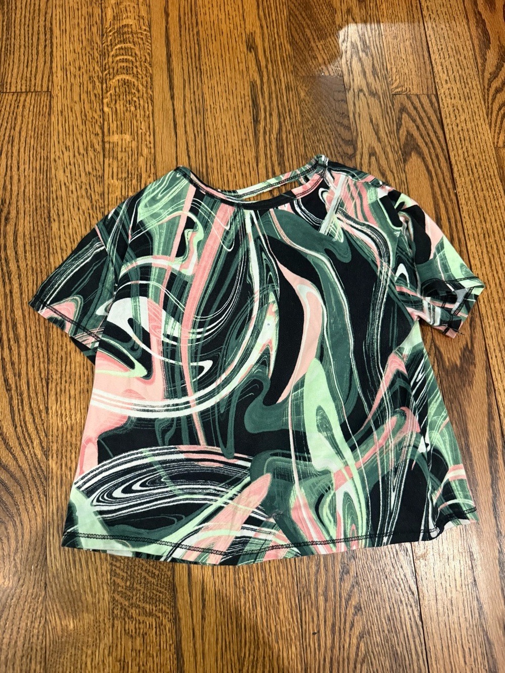 Ideology Short Sleeve Top in Black, Pink & Mint Green Swirl Print